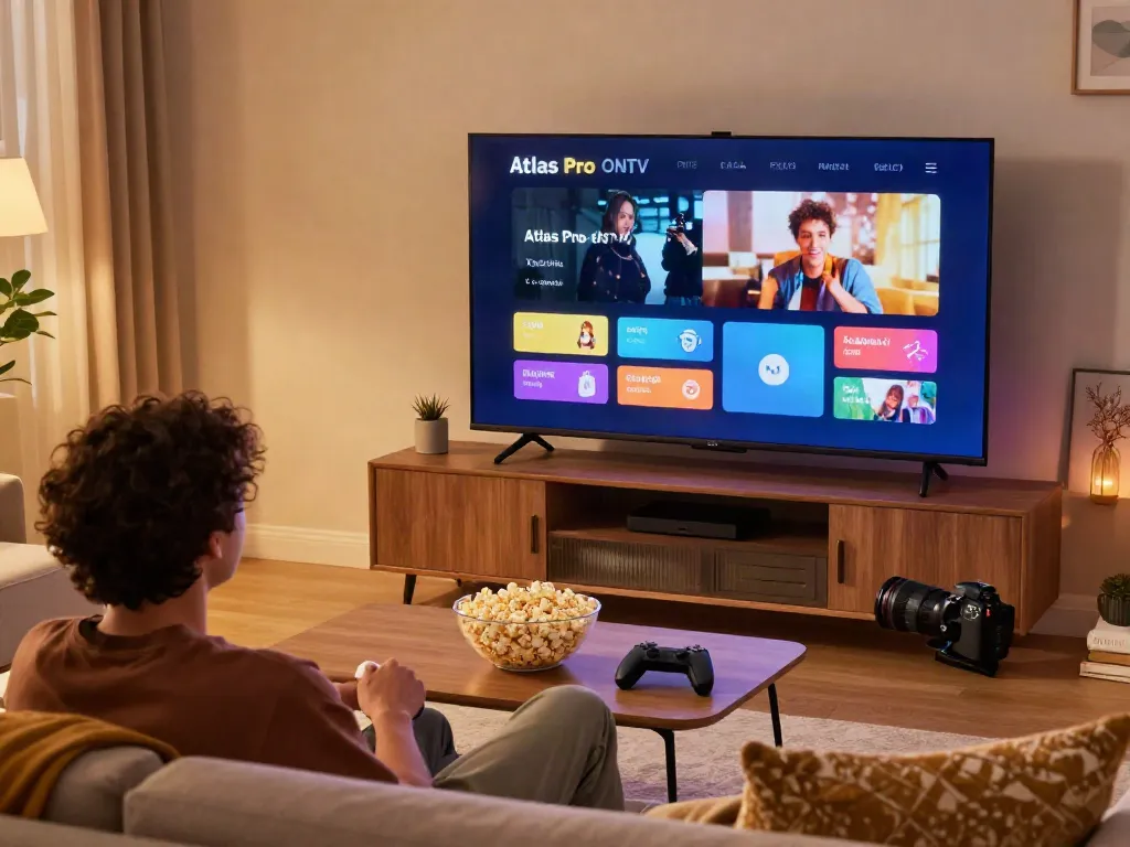 Utilisation de l'application Atlas Pro ONTV sur une télévision intelligente dans un salon confortable.