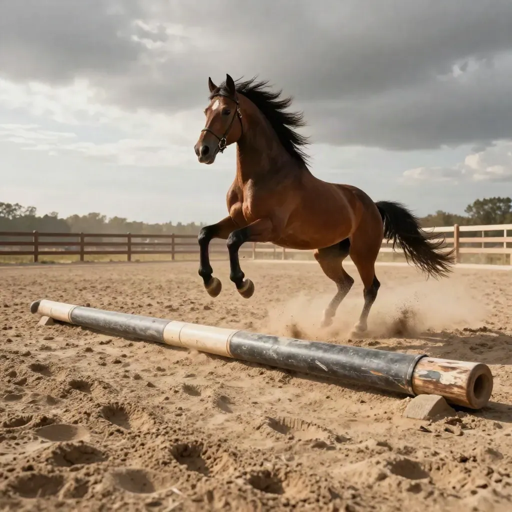 Cheval baie sur une carrière de sable, franchissant deux barres au sol sous un ciel chargé.