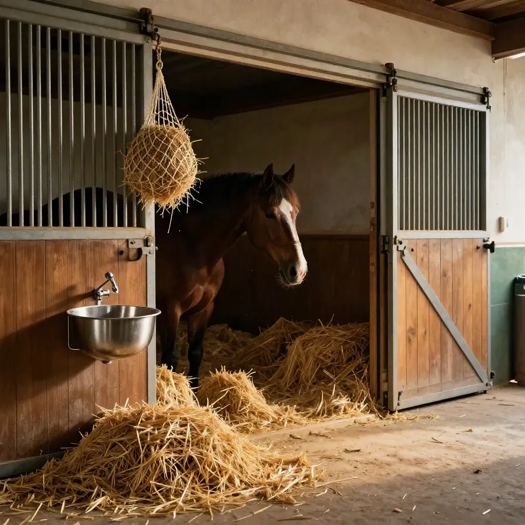 Box de pension fraîchement paillé, abreuvoir inox et cheval au repos dans une écurie chaleureuse.