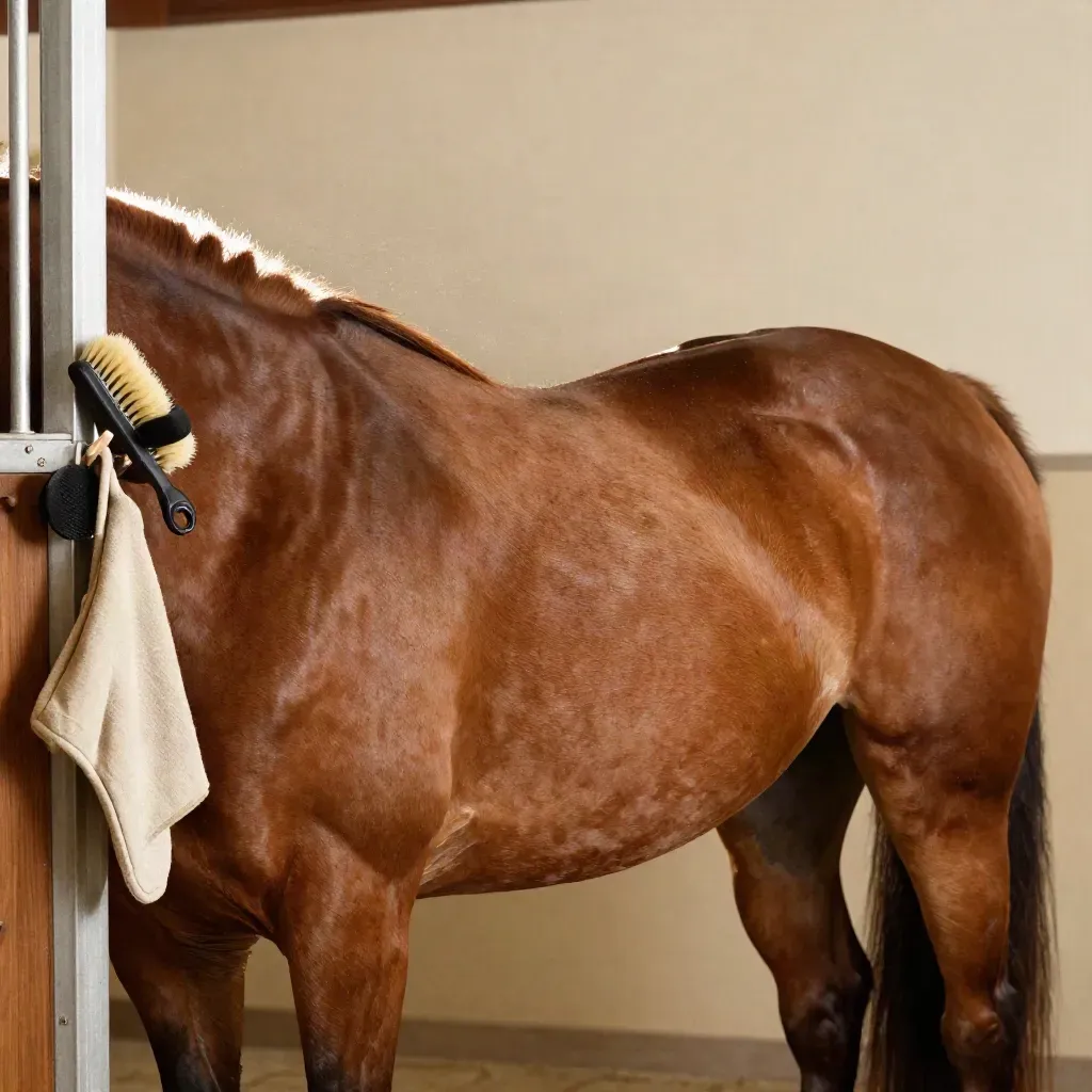 Flanc lustré d’un cheval alezan avec brosse, étrille et gant de pansage sur mur d’écurie.