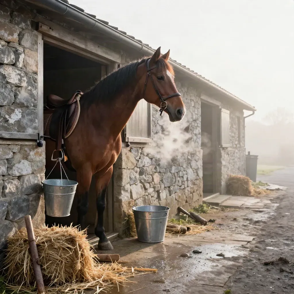 Allée d’écurie en pierre à l’aube, cheval baie au seuil, selle et seaux dans la brume.