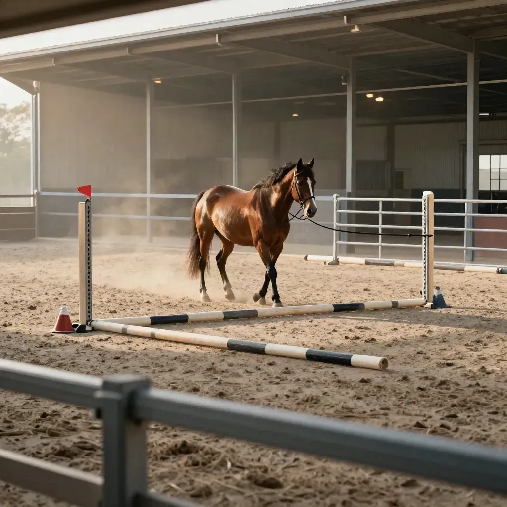 Jument alezane au trot en carrière sablée, barres au sol et poussière dorée.