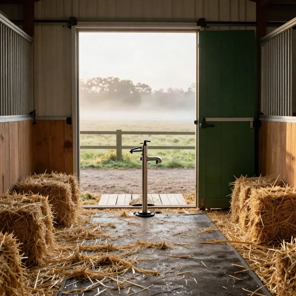 Pension box-paddock au matin, litière fraîche, abreuvoir, foin et prairie brumeuse.