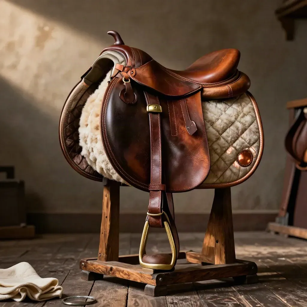 Selle de saut, bridon, tapis et protections sur support en bois dans une sellerie sombre.