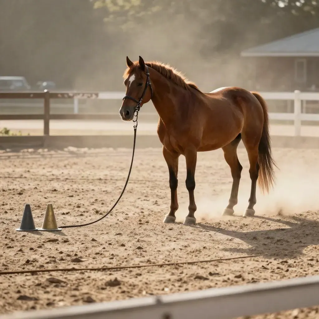 Cheval en longe sur un cercle de sable avec cavaletti bas et cônes d’exercice.