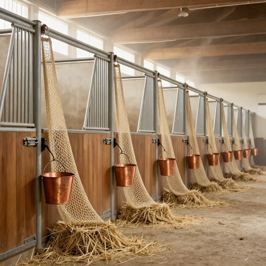 Allée d’écurie avec huit boxes propres, filets à foin, seaux de cuivre et litière uniforme.