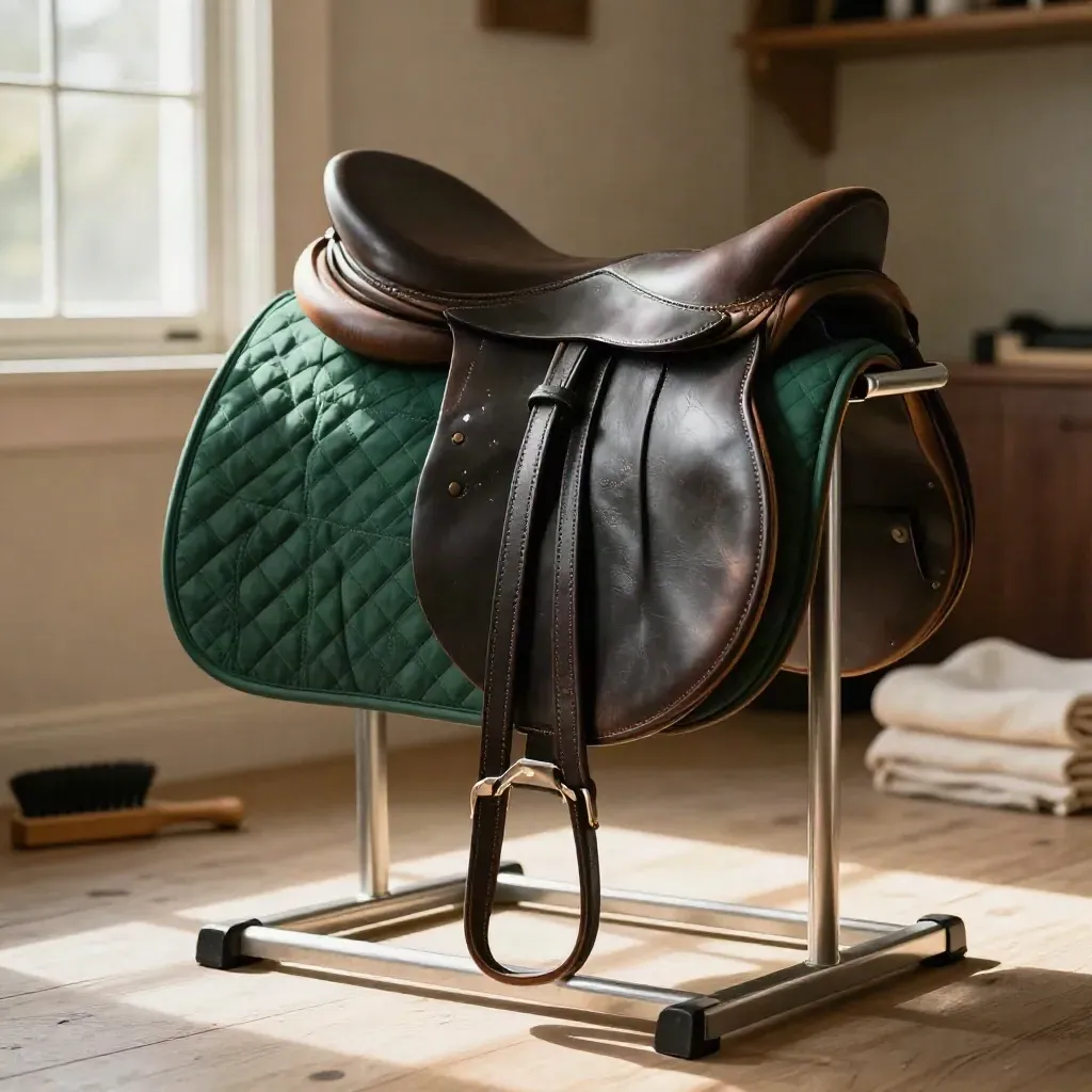 Selle et sangle parfaitement réglées sur porte-selle, dans un sellier chaleureux.