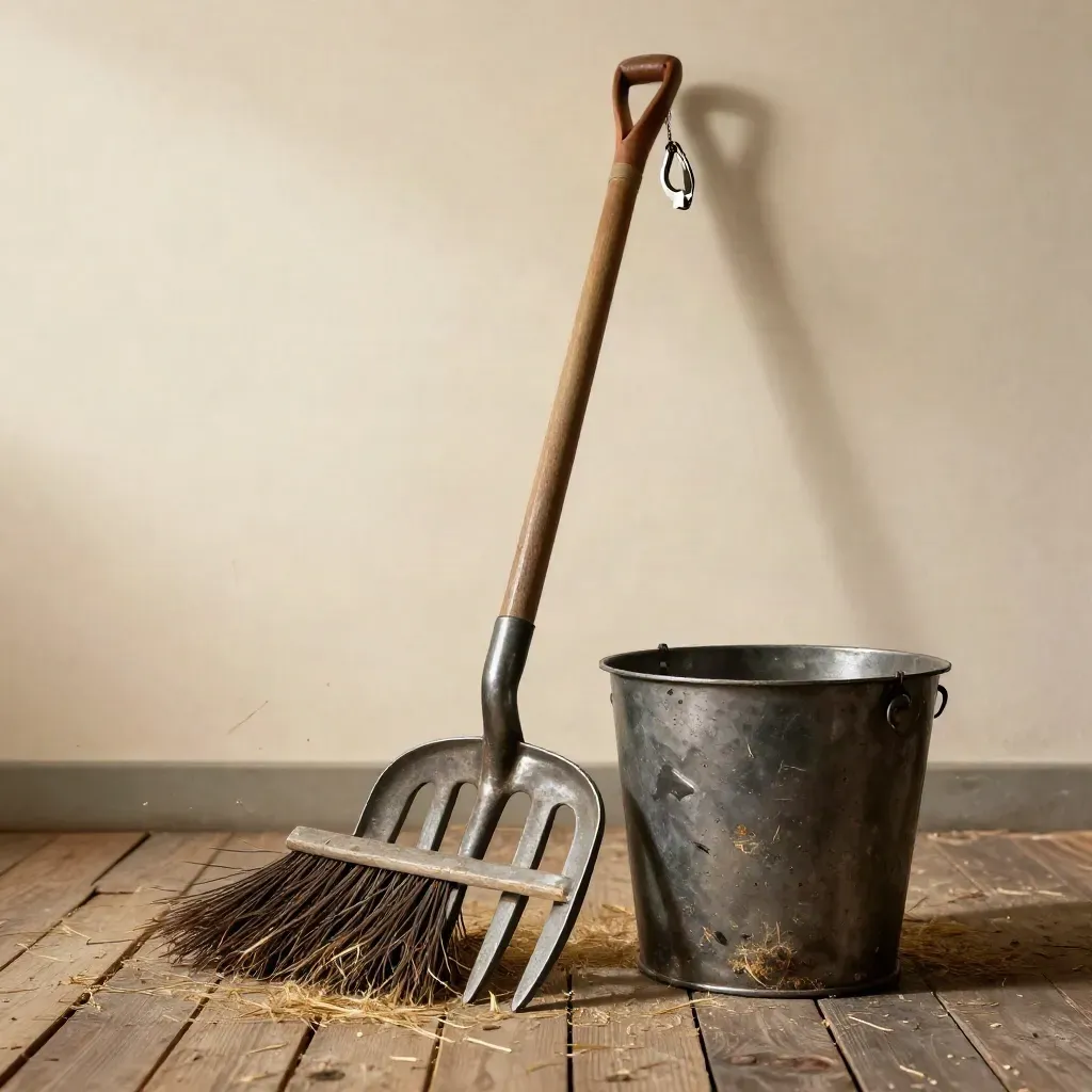 Fourche à fumier, balai dur, seau galvanisé et corde nouée dans une sellerie sombre.