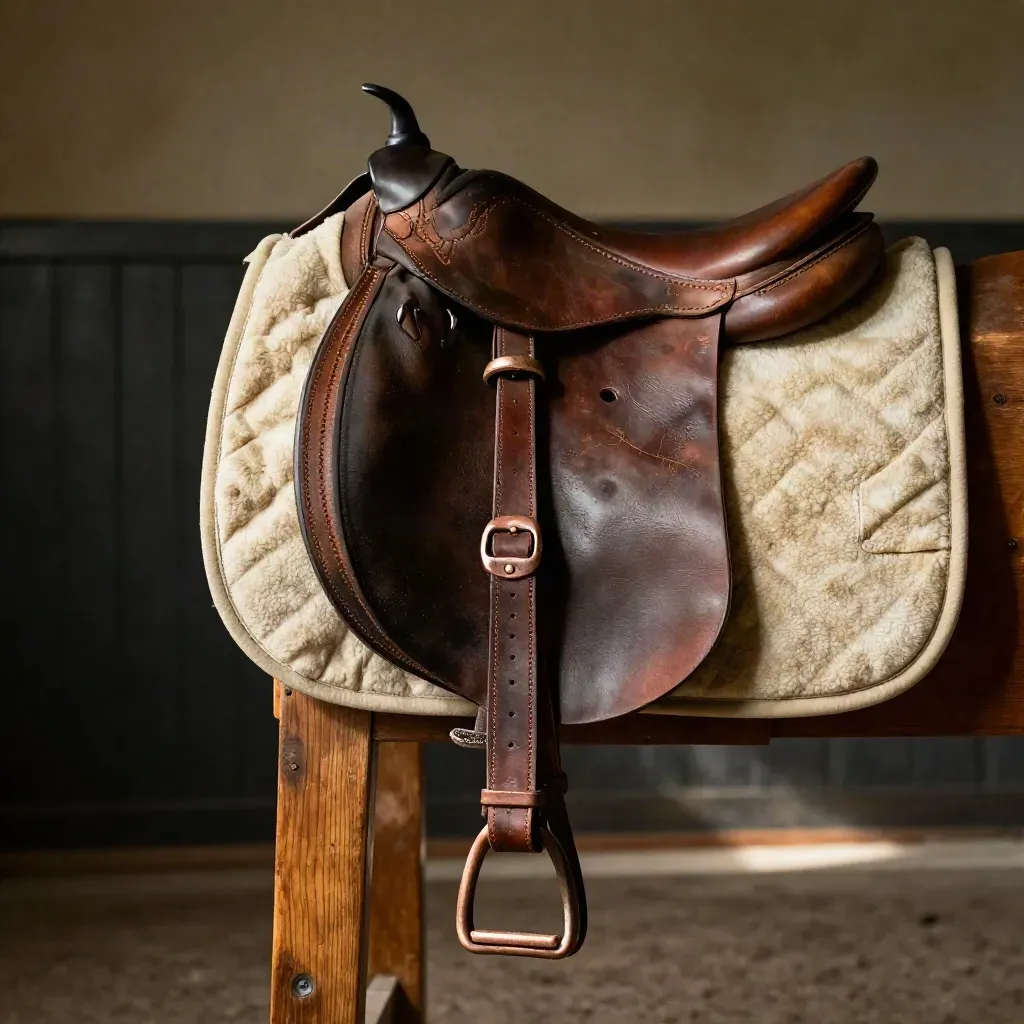 Gros plan latéral d’une selle, d’une sangle de cuir, d’une bride et d’un pad plié.