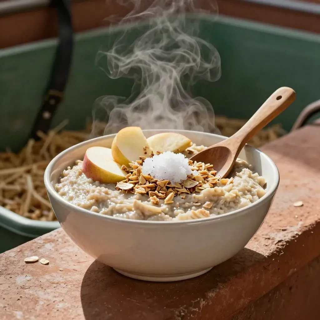 Bol de mash équin fumant avec pommes, flocons, sel et cuillère en bois sur fond d’écurie.