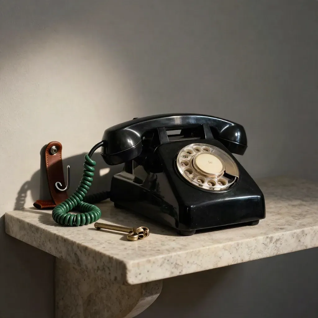 Téléphone en bakélite, clé de box et corde de licol sur une étagère en pierre, lumière douce.