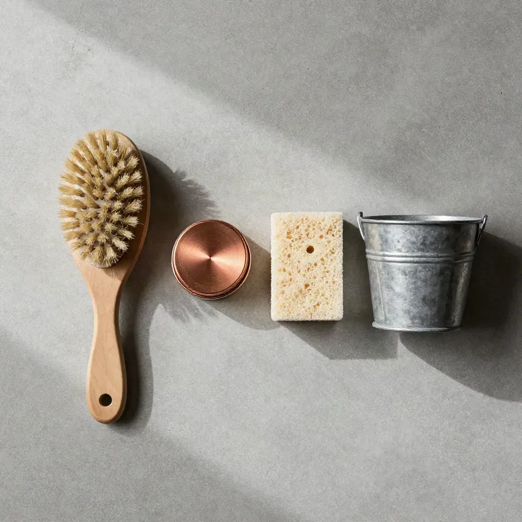 Brosse de pansage, onguent fermé, éponge et seau sur béton gris, lumière douce.