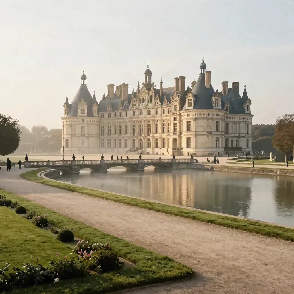 Le château de Versailles sur l’axe du Grand Canal, jardins noyés dans la brume à l’aube.