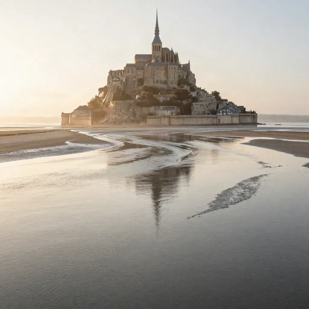 Mont-Saint-Michel au-dessus des grèves miroitantes sous une lumière dorée et une brume saline.