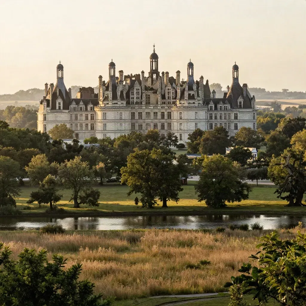 Chambord surplombant des chênes et une eau calme de Sologne dans une brume dorée.