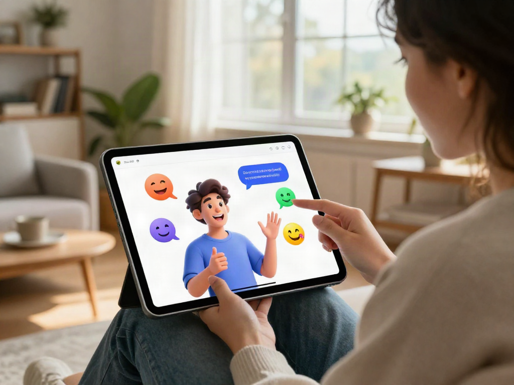 Interactive scene showing a user enjoying Crush On AI chats on a tablet in a cozy living room.