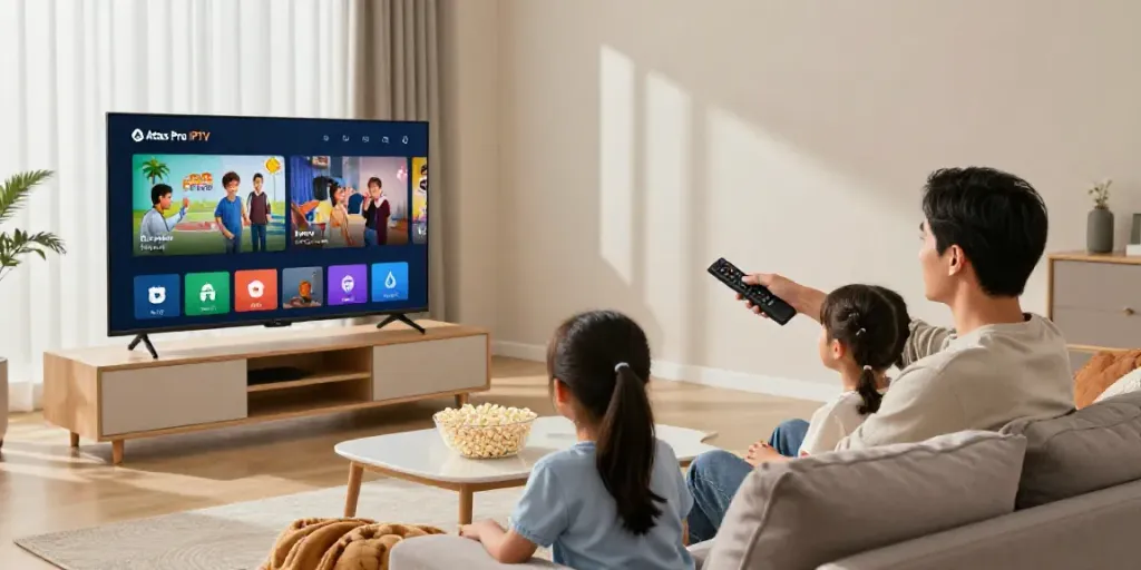Famille profitant de l'application Atlas Pro IPTV sur une Smart TV.
